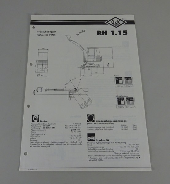 Prospekt / Broschüre O&K Hydraulikbagger RH 1.15 Technische Daten Stand 03/1995