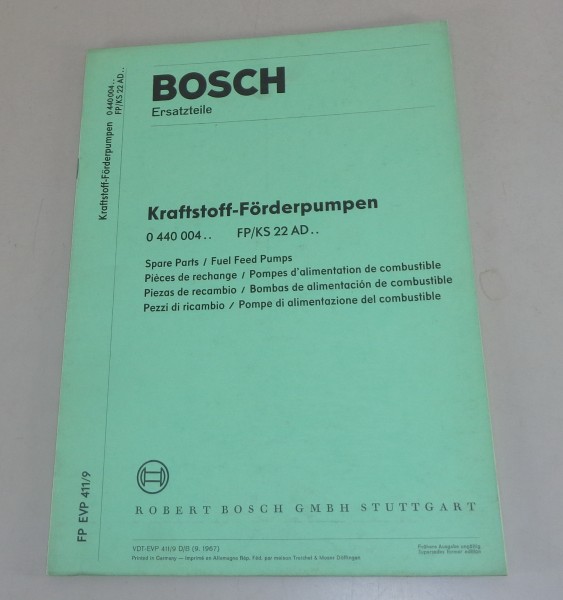 Teilekatalog Bosch Kraftstoff Förderpumpen 0 440 004.. FP/KS 22 AD.. von 9/1967