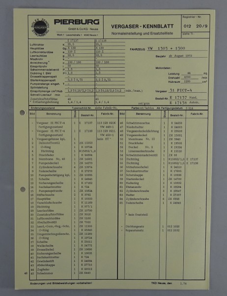 Kennblatt + Teilekatalog Pierburg Vergaser 31 PICT-4 VW 1303, 1300 Käfer ab 1973