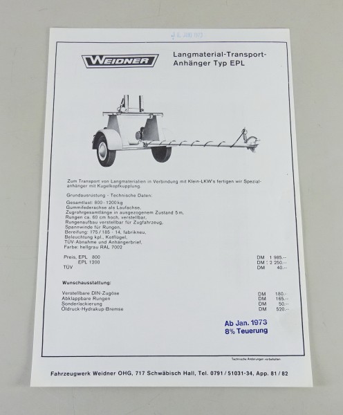 Prospektblatt Weidner Langmaterial-Transport-Anhänger Typ EPL Stand 1973