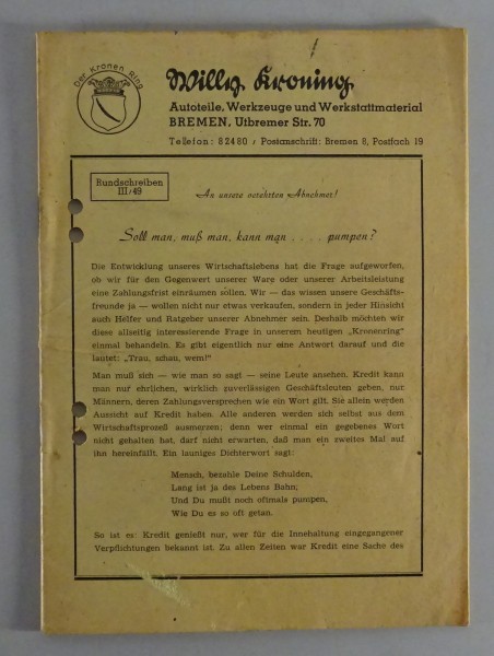 Prospekt / Broschüre Kroning Autoteile + Werkzeuge Stand 1949