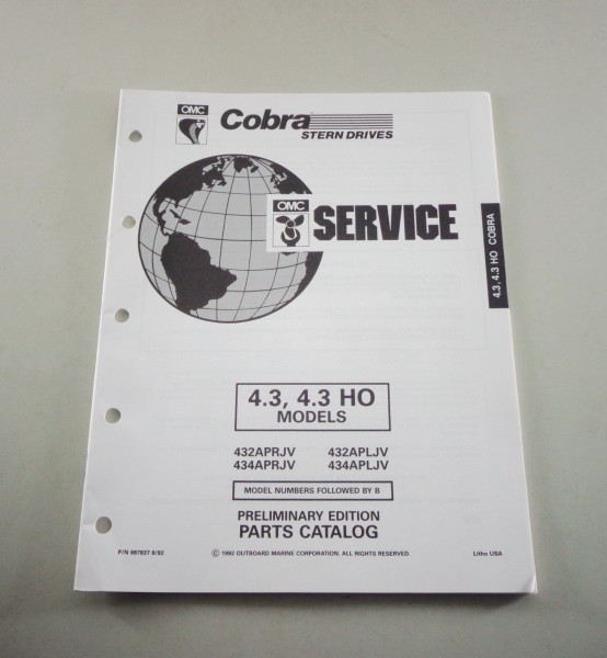 Teilekatalog OMC Cobra Stern Drives Bootsmotor 4.3 + 4.3 HO Models St. 08/1992