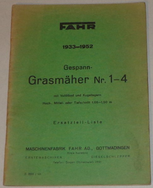 Teilekatalog Fahr Gespann-Grasmäher Nr. 1-4 von 1933-1952