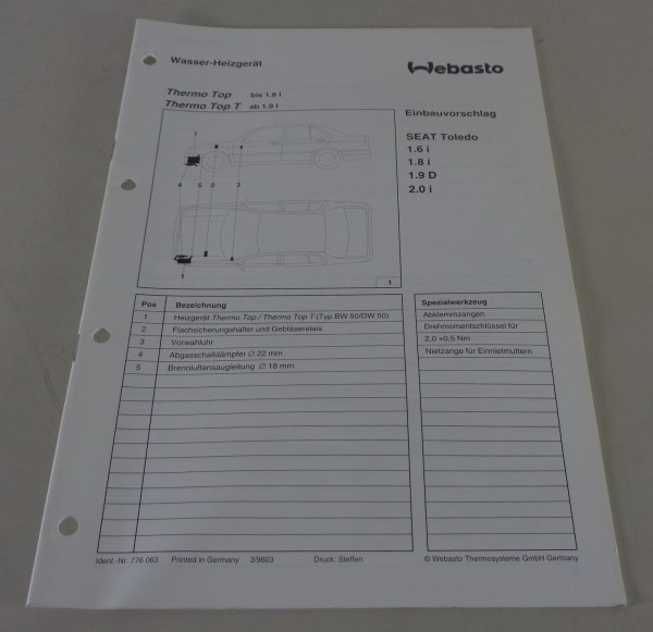 Einbauanweisung Webasto Standheizung Thermo Top / T Seat Toledo Stand 03/1996