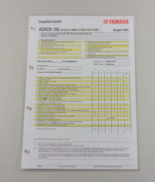 Inspektionsblatt Yamaha Aerox 100 Typ SB 051 Stand 2002
