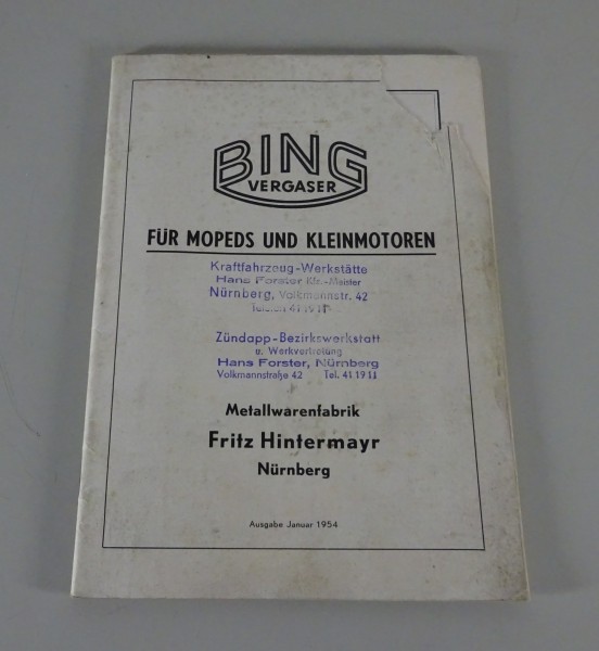 Teilekekatalog / Ersatzteilliste Bing-Vergaser für Moped + Kleinmotoren von 1954