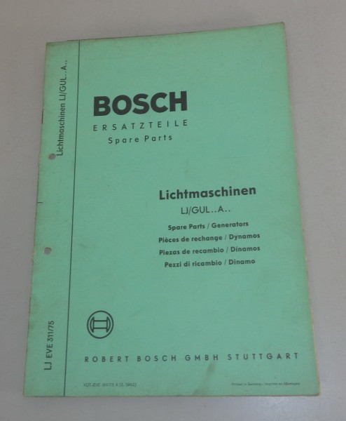 Teilekatalog / Parts list Bosch Lichtmaschinen LJ/GUL.. A.. von 02/1962