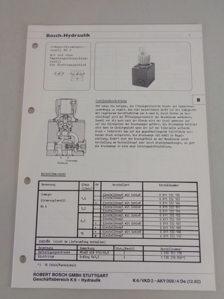 Prospekt / Technische Info Bosch 2-Wege-Stromregelventil NG 6/10/16 von 12/1982