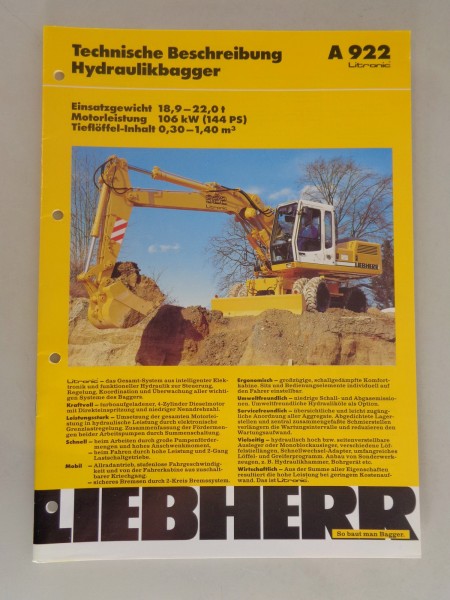 Datenblatt / Technische Beschreibung Liebherr Hydraulikbagger A 922 von 03/1996