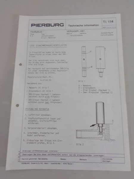 Technische Information Pierburg Vergaser 4A1 für Mercedes 6-Zylinder-Motoren