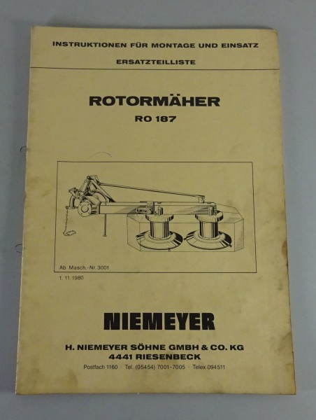 Teilekatalog / Instruktion Montage + Einsatz Niemeyer Rotormäher RO 187 11/1980