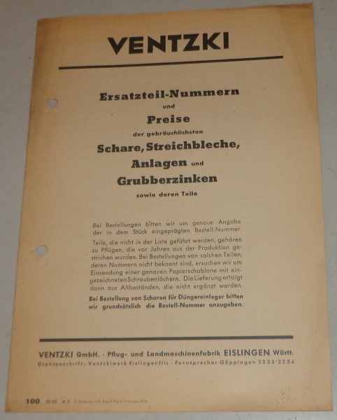 Teilekatalog Ventzki Schare / Streichbleche / Anlagen/ Grubberzinken von 10/1955