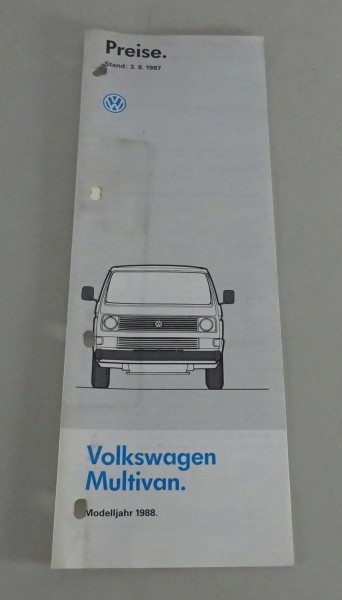 Preisliste / Prospekt VW T3 Multivan Stand 08/1987