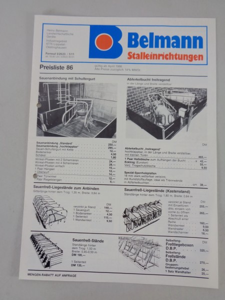 Prospekt / Broschüre Belmann Stalleinrichtungen - Preisliste Stand 04/1986