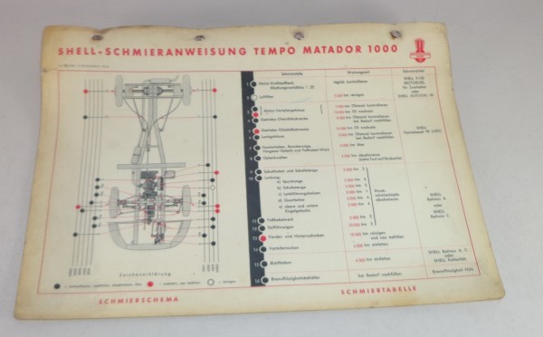 Shell Schmierplan für Tempo Matador 1000 Stand 11/1953