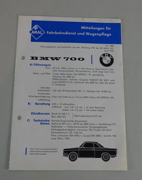 Service Mitteilung Aral BMW 700 Stand 04/1960