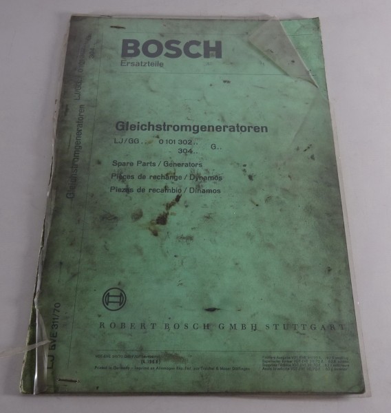 Teilekatalog Bosch Gleichstromgeneratoren LJ/GG.. 0 101 302/304 G Stand 08/1968