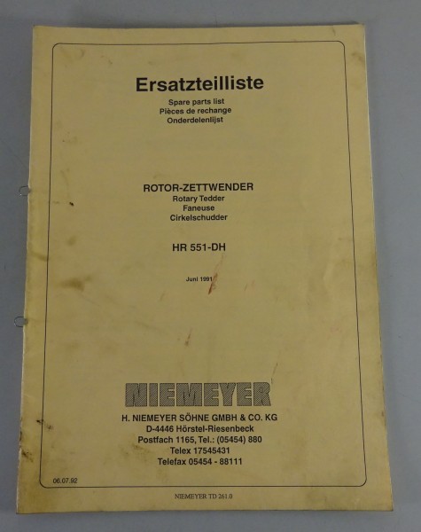 Teilekatalog / Spare Parts List Niemeyer Rotor-Zettwender HR 551-DH von 07/1992