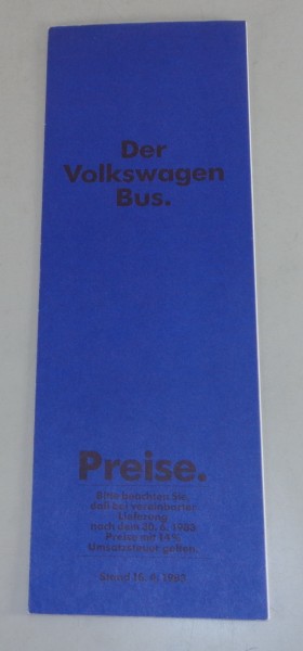 Preisliste VW Bus T3 Stand 4/1983