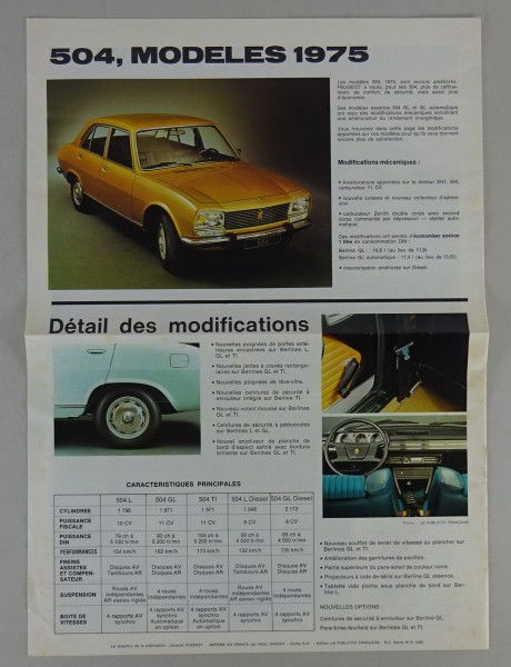 Prospekt / Zeitschrift Peugeot 504 im Rallye Rennsport Stand 10/1974 französisch