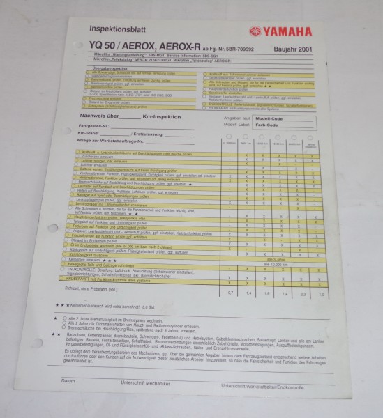 Inspektionsblatt Yamaha YQ 50 / Aerox, Aerox - R Typ 5BR Baujahr 2001