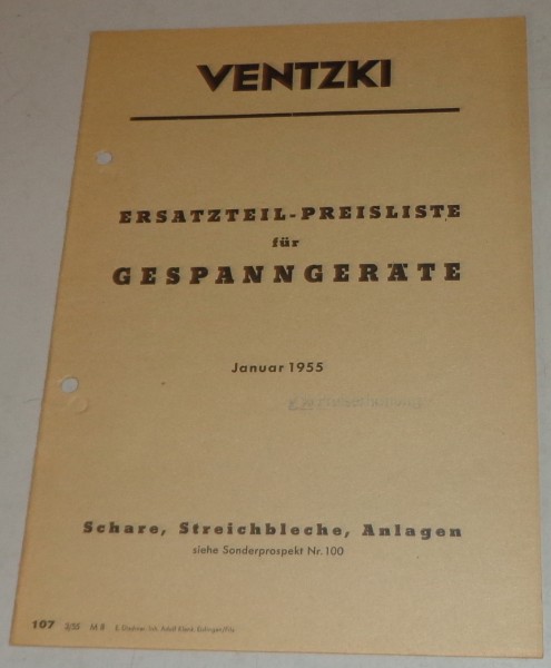 Teilekatalog Ventzki Gespanngeräte Schare / Streichbleche / Anlagen von 01/1955