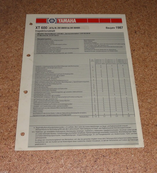 Inspektionsblatt Yamaha XT 600 Typ 2KF / 33 KW / Baujahr 1987