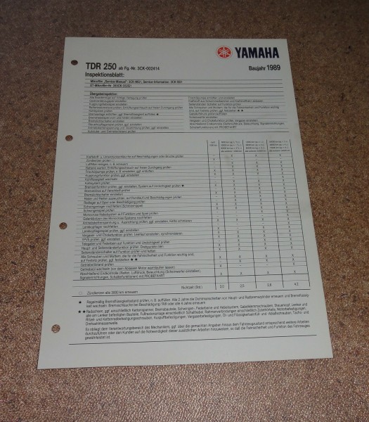 Inspektionsblatt Yamaha TDR 250 Typ 3CK Baujahr 1989