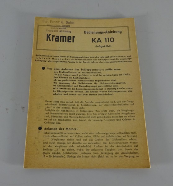 Betriebsanleitung / Handbuch Kramer Schlepper KA 110 luftgekühlt Stand 01/1957