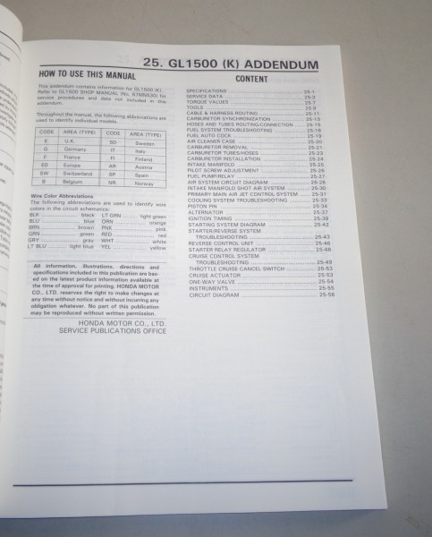 Workshop manual supplement Honda Goldwing GL 1500 from 1988