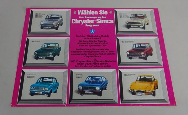 Prospektblatt Simca 1000/1100/1301/1501/1200 Coupé/Matra 530 LX + Chrysler