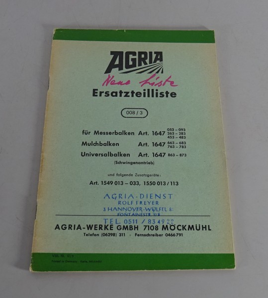 Teilekatalog / Ersatzteilliste Agria Messerbalken / Mulchbalken Stand 08/1970