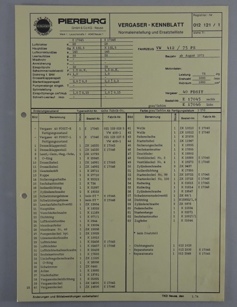 Kennblatt + Teilekatalog Pierburg Vergaser 40 PDSIT für VW 412 / 75 PS ab 8/1973