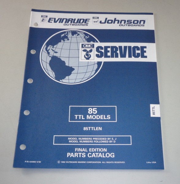 Teilekatalog OMC Evinrude Johnson Außenborder Outboards 85 TTL Models St.05/1992