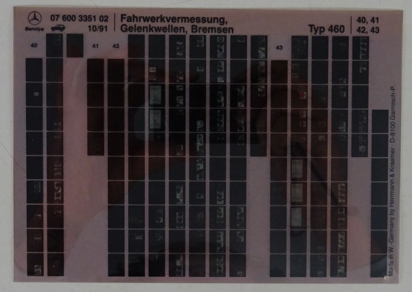 Microfich Werkstatthandbuch Mercedes-Benz G-Klasse W460 Fahrwerkvermessung 1991