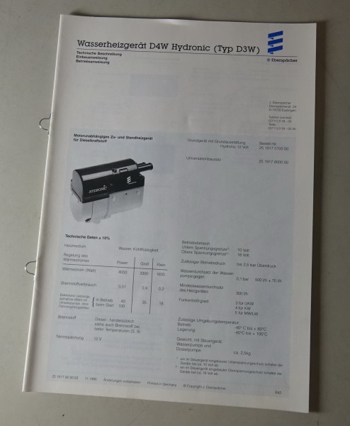 Betriebsanleitung / Einbauanleitung Eberspächer Standheizung Hydronic D4W