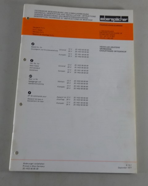 Technische Beschreibung /Einbauanweisung Eberspächer Heizgerät D4L von 09/1977