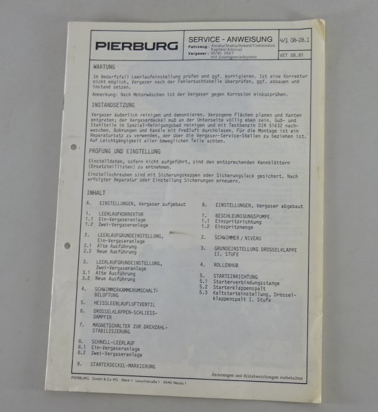 Technische Information Pierburg Vergaser 35 / 40 INAT für Opel Ascona Manta 1981