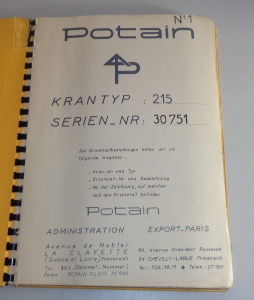 Betriebsanleitung / Handbuch Potain Kran 215 von 03/1970