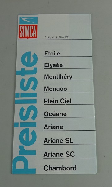 Preisliste Simca Aronde, Ariane, Vedette Stand 03/1961