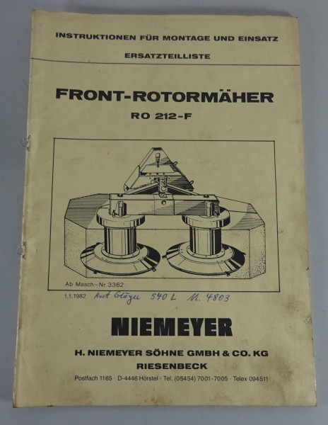 Teilekatalog / Spare Parts List Niemeyer Front-Rotormäher RO 212-F Stand 01/1982