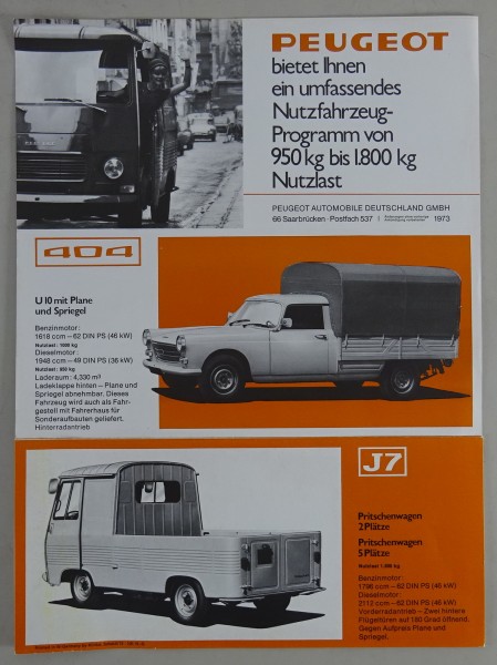 Prospekt / Faltprospekt Peugeot J7 / 404 Transporter Stand 1973