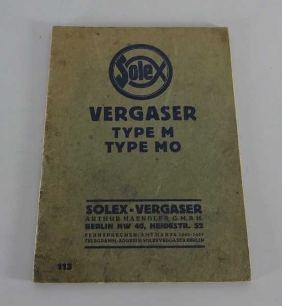 Handbuch Solex-Vergaser Typ M / MO / MV / MH Vorkrieg | Original