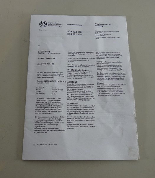 Einbauanleitung Kupplungskugel mit Halterung VW Passat B6 Typ 3C0 und 3C8