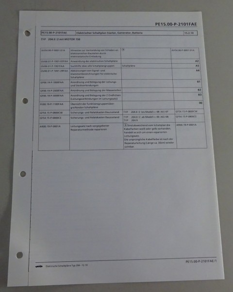 Schaltplan Mercedes-Benz W204 Starter, Generator, Batterie | Motor 156 | 12/2010
