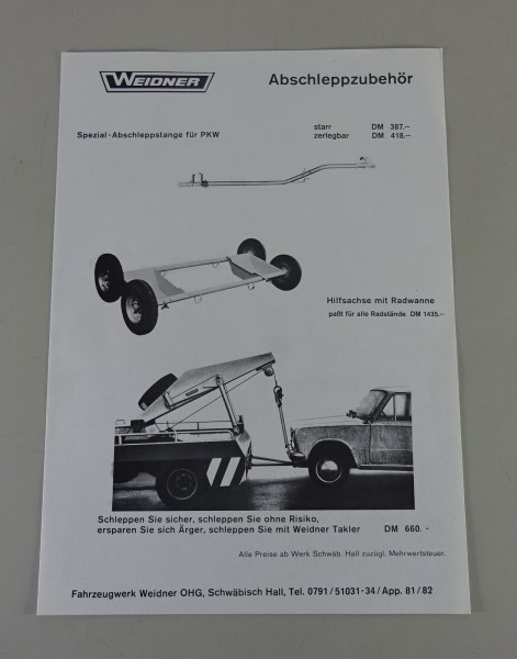 Prospektblatt Weidner Spezial - Abschleppstange für PKWStand 1973