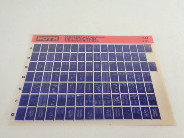 Microfich Teilekatalog Roth Rasenmäher Modell 400/401/403/420 von 02/1984