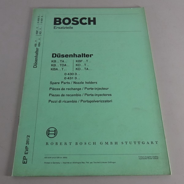 Teilekatalog Bosch Düsenhalter KB TA&TDA / KBA T / KBF T / KD T&TA Stand 04/1966