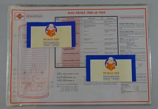 Gasolin Schmierplan für NSU-Prinz 1000 ab Baujahr 1964 Stand 10/1964