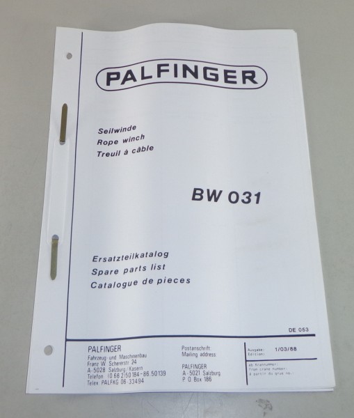 Teilekatalog / Spare Parts List Palfinger Seilwinde BW 031 Stand 03/1988